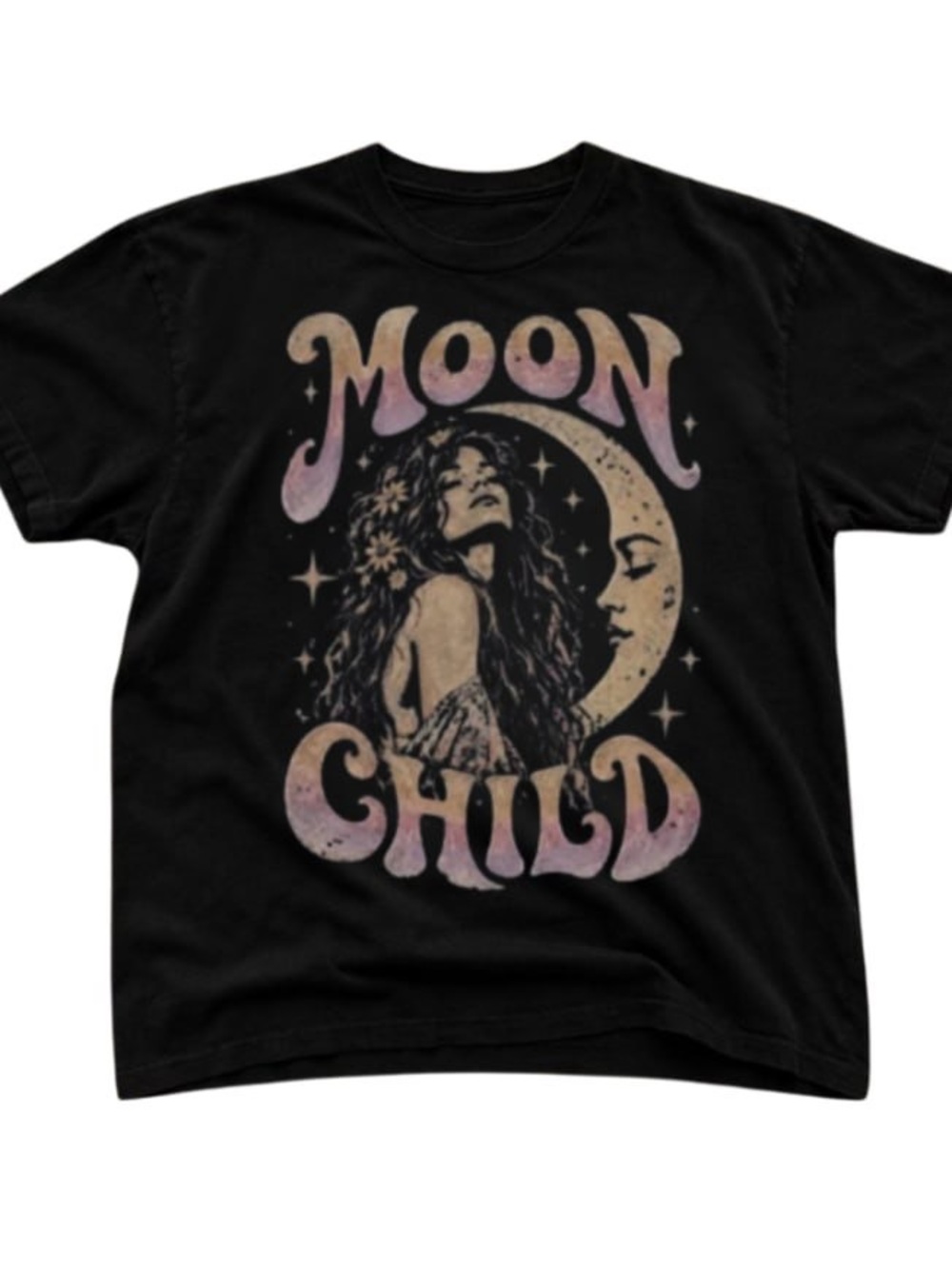 Black Moon Child Graphic Tee with Pink and Cream Print